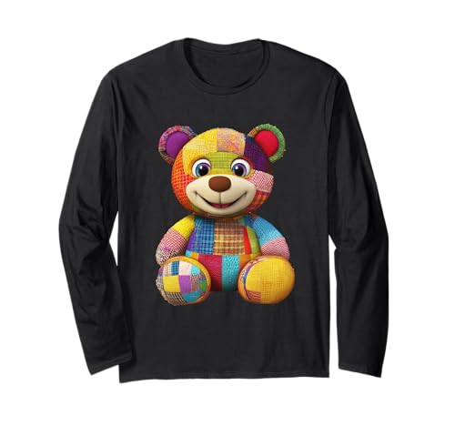 süßer Vintage Teddybär in Patchwork Style Klamotten Kids Langarmshirt von coole Bären in fleckigen Werktags Ouftits