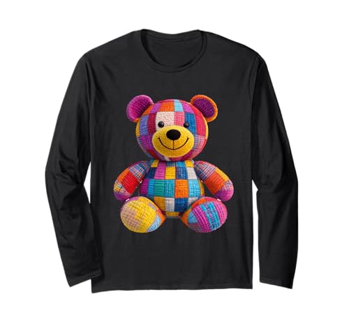 süßer Vintage Teddybär in Patchwork Style Klamotten Kids Langarmshirt von coole Bären in fleckigen Werktags Ouftits