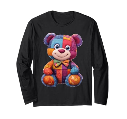 süßer Vintage Teddybär in Patchwork Style Klamotten Kids Langarmshirt von coole Bären in fleckigen Werktags Ouftits