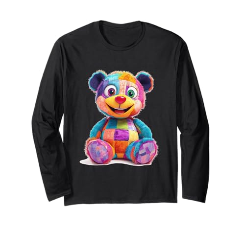 süßer Vintage Teddybär in Patchwork Style Klamotten Kids Langarmshirt von coole Bären in fleckigen Werktags Ouftits