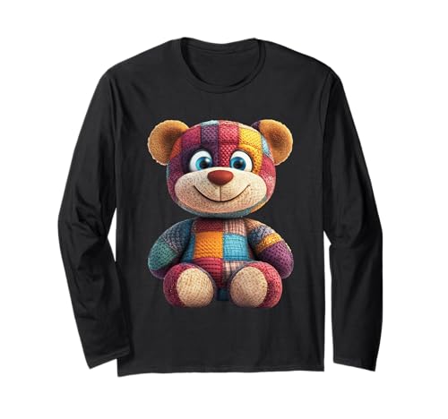 süßer Vintage Teddybär in Patchwork Style Klamotten Kids Langarmshirt von coole Bären in fleckigen Werktags Ouftits