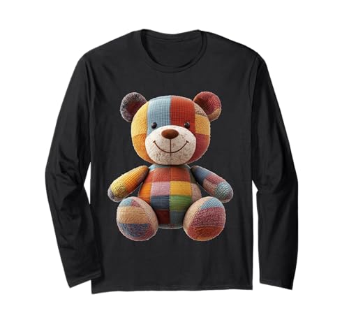 süßer Vintage Teddybär in Patchwork Style Klamotten Kids Langarmshirt von coole Bären in fleckigen Werktags Ouftits