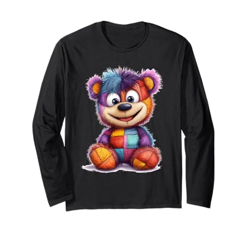 süßer Vintage Teddybär in Patchwork Style Klamotten Kids Langarmshirt von coole Bären in fleckigen Werktags Ouftits