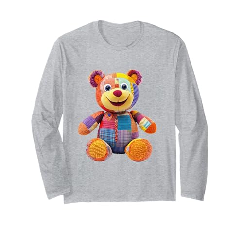 süßer Vintage Teddybär in Patchwork Style Klamotten Kids Langarmshirt von coole Bären in fleckigen Werktags Ouftits