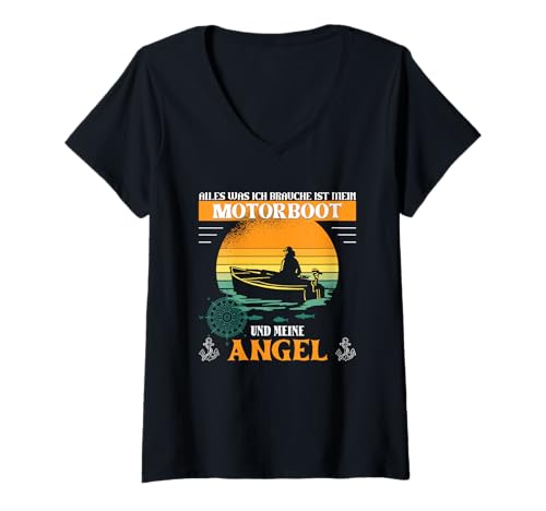 Damen Motorboot Boot Angeln Angler Bootsfahrer Kapitän Fischen T-Shirt mit V-Ausschnitt Damen Motorboot Boot Angeln Angler Bootsfahrer Kapitän Fischen T-Shirt mit V-Ausschnitt von coole Sportboot Designs für Fischer mit Angelrute
