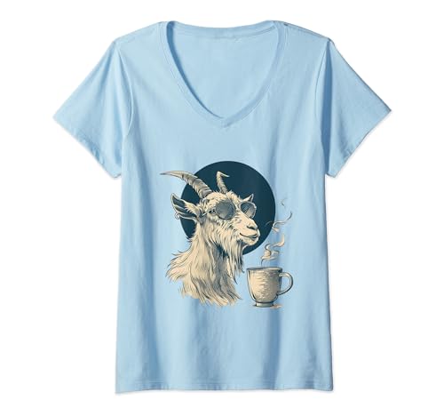 Damen coole Ziege mit Sonnenbrille mit Tasse Kaffee Raccoon T-Shirt mit V-Ausschnitt von coole Tiere mit Sonnenbrille