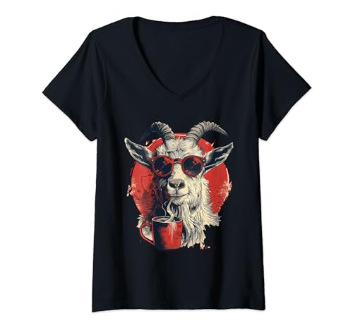 Damen coole Ziege mit Sonnenbrille mit Tasse Kaffee Raccoon T-Shirt mit V-Ausschnitt von coole Tiere mit Sonnenbrille
