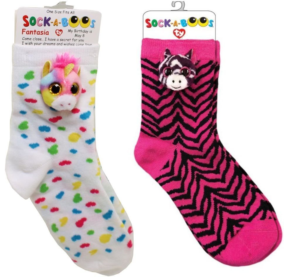 coole-fun-t-shirts Feinsocken Mädchen 3D Socken TY Fashion Doppelpack 6-12 Jahre beige + pink Kuscheltier Socken Zoey + Fantasia Einhorn + Zebra SOCK-A-BOOS von coole-fun-t-shirts