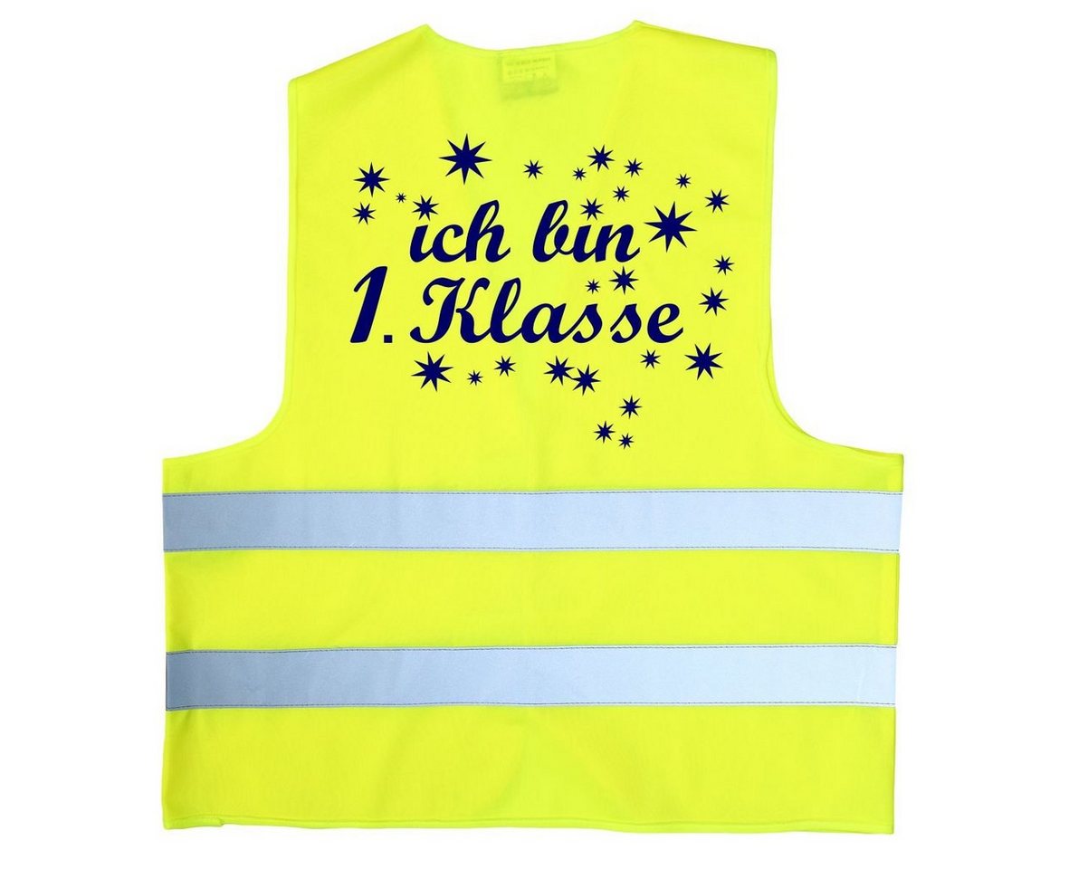 coole-fun-t-shirts Schulranzen Ich bin 1. Klasse ! Kinder Warnweste zur Einschulung Schulanfang ABC Schützen Gr. XS 120-140 cm oder S 152-160 cm Sicherheitsweste Neongelb und orange von coole-fun-t-shirts