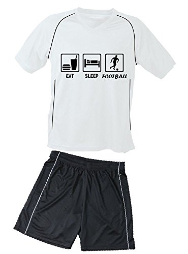 coole-fun-t-shirts TRIKOTSET mit DEINEM Namen + Nummer ! Fussball EAT Sleep Football Kinder Trikot + Hose Weiss-schwarz, 122-128 cm von Coole-Fun-T-Shirts
