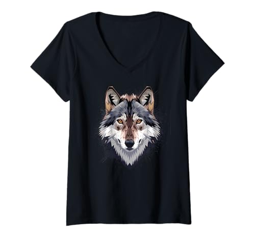 Damen Fuchs polygon Füchse therian wildes Tier im Poly Stil T-Shirt mit V-Ausschnitt von coole weiß graue Fuchs Outfits