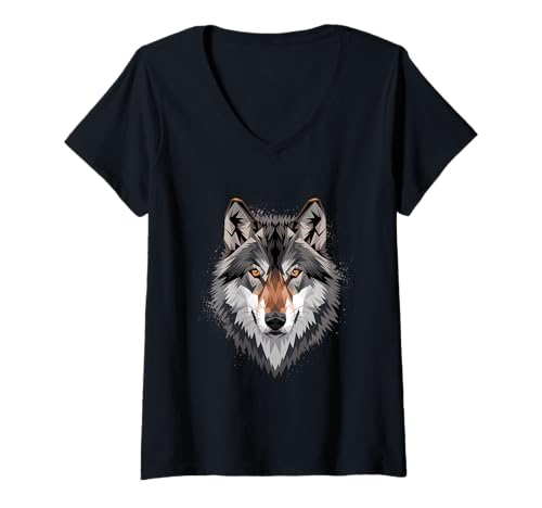 Damen Fuchs polygon Füchse therian wildes Tier im Poly Stil T-Shirt mit V-Ausschnitt von coole weiß graue Fuchs Outfits