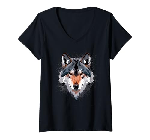 Damen Fuchs polygon Füchse therian wildes Tier im Poly Stil T-Shirt mit V-Ausschnitt Damen Fuchs polygon Füchse therian wildes Tier im Poly Stil T-Shirt mit V-Ausschnitt von coole weiß graue Fuchs Outfits