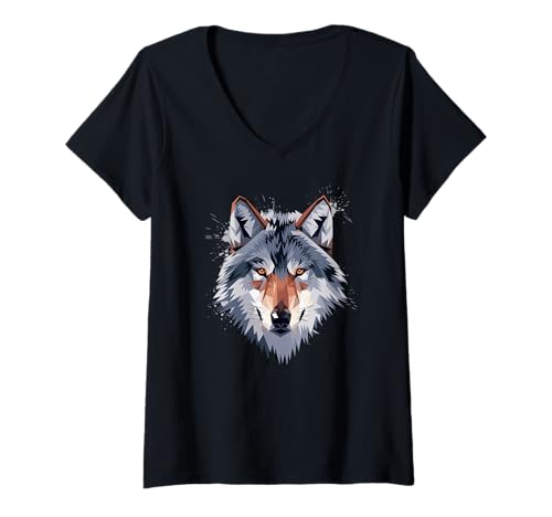 Damen Fuchs polygon Füchse therian wildes Tier im Poly Stil T-Shirt mit V-Ausschnitt Damen Fuchs polygon Füchse therian wildes Tier im Poly Stil T-Shirt mit V-Ausschnitt von coole weiß graue Fuchs Outfits