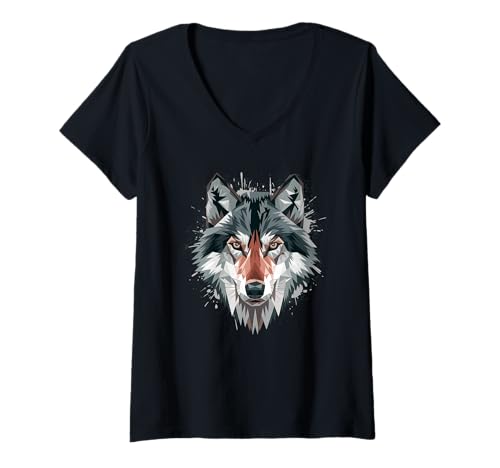 Damen Fuchs polygon Füchse therian wildes Tier im Poly Stil T-Shirt mit V-Ausschnitt Damen Fuchs polygon Füchse therian wildes Tier im Poly Stil T-Shirt mit V-Ausschnitt von coole weiß graue Fuchs Outfits