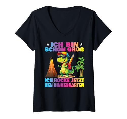 Damen Kindergartenkind 2025 Kita Start Kindergarten Dino Jungs T-Shirt mit V-Ausschnitt von cooler Dino Kindergarten Kindergartentüte Jungen