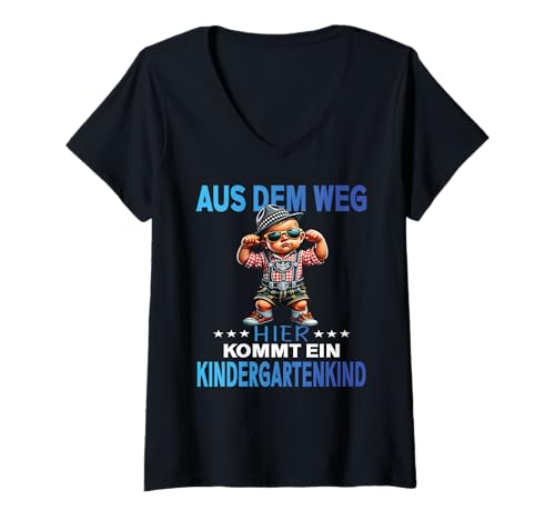 Damen Kindergartenkind 2025 Kita Start Kindergarten Jungs Lausbua T-Shirt mit V-Ausschnitt von cooler Dino Kindergarten Kindergartentüte Jungen