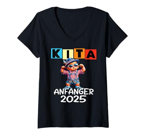 Damen Kindergartenkind 2025 Kita Start Kindergarten Lausbua Jungs T-Shirt mit V-Ausschnitt von cooler Dino Kindergarten Kindergartentüte Jungen