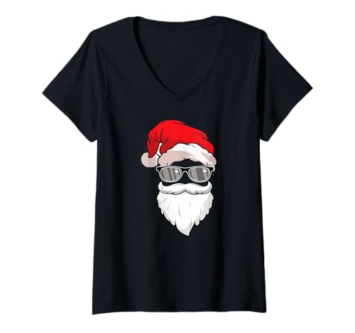 Damen Weihnachtsmann Mütze Sonnenbrille Bart Santa Weihnachts T-Shirt mit V-Ausschnitt Damen Weihnachtsmann Mütze Sonnenbrille Bart Santa Weihnachts T-Shirt mit V-Ausschnitt von cooler Nikolaus mit Weihnachtsmütze Xmas outfit