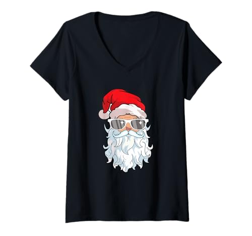Damen Weihnachtsoutfit Santa Christmas Xmas Weihnachten Weihnachts T-Shirt mit V-Ausschnitt von cooler Nikolaus mit Weihnachtsmütze für Christmas