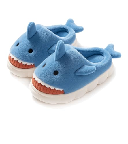 Flauschige Hai Hausschuhe – Haifisch Pantoffeln mit rutschfester Sohle & weichem Innenfutter - Gr. 34-44 Onesize (Dunkel-Blau, EU Schuhgrößensystem, Erwachsene, Damen, Numerisch (von/bis), M, 34, 35) von corimori