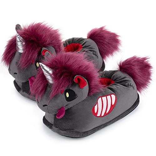 corimori – Doomy das Zombie-Einhorn, Unisex Einhorn-Hausschuhe für Erwachsene, leuchten im Dunkeln, Einhorn-Pantoffeln, Grusel-Puschen, Horror Accessoire, EU Einheitsgröße 34-44, anthrazit/rot von corimori