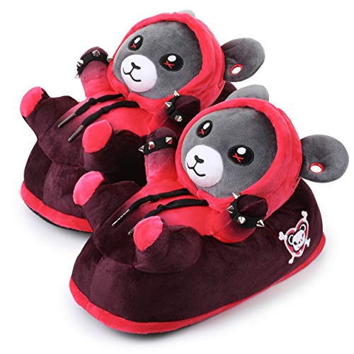 corimori - Ember der Punk Teddy Plüsch-Hausschuhe Gothic Teddybär mit Hoodie und Tunneln EU Einheitsgröße 34-44 (Grau / Rot) von corimori