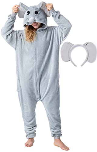 corimori Flauschiges Elefanten-Kostüm für Erwachsene mit Haarreif | Karneval Kostüm Onesie für Damen, Herren | Körpergröße 160-170cm von corimori