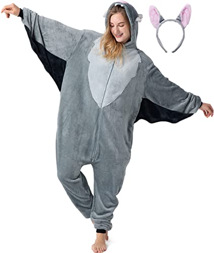 corimori Flauschiges Fledermaus-Kostüm für Erwachsene mit Haarreif | Halloween Kostüm Onesie für Damen, Herren | Körpergröße 160-170cm von corimori