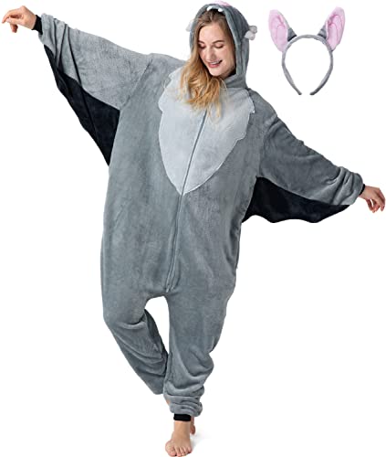 corimori Flauschiges Fledermaus-Kostüm für Erwachsene mit Haarreif | Halloween Kostüm Onesie für Damen, Herren | Körpergröße 170-180cm von corimori