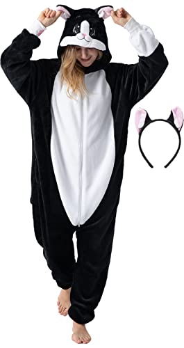 corimori Flauschiges Katzen-Kostüm für Erwachsene mit Haarreif | Karneval Kostüm Onesie für Damen, Herren | Körpergröße 170-180cm von corimori