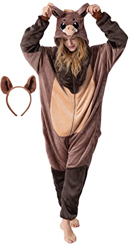 corimori Flauschiges Wildschwein-Kostüm für Erwachsene mit Haarreif | Karneval Kostüm Onesie für Damen, Herren | Körpergröße 150-160cm von corimori