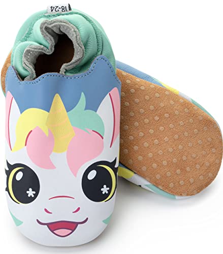 corimori Marken Echt-Leder Baby Krabbelschuhe, rutschfest | Lauflernschuhe Lederschuhe Barfußschuhe | Mia das Einhorn (weiß-Kombi) | 0-6 Monate von corimori