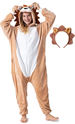 corimori Flauschiges Löwen-Kostüm für Erwachsene mit Haarreif | Karneval Kostüm Onesie für Damen, Herren | Körpergröße 160-170cm von corimori