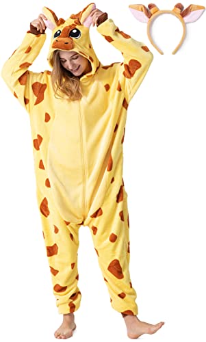 corimori Flauschiges Giraffen-Kostüm für Erwachsene mit Haarreif | Karneval Kostüm Onesie für Damen, Herren | Körpergröße 150-160cm von corimori