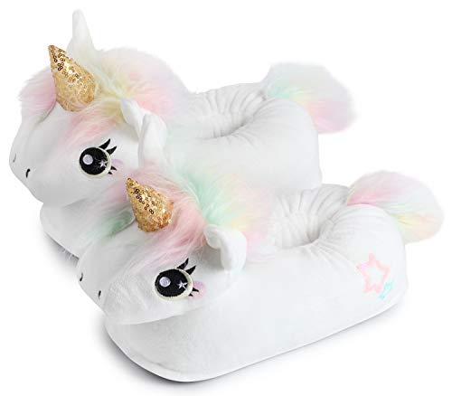 corimori Süße Plüsch Hausschuhe (10+ Designs) Einhorn „Mia“ Slipper Einheitsgröße 34-44 Unisex Pantoffeln Weiß Bunt von corimori