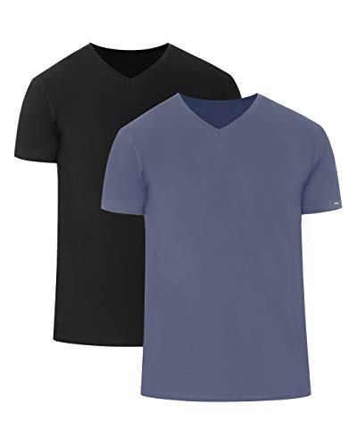 cornette Herren T-Shirts mit V-Ausschnitt 2er Pack CR067 (Schwarz/Jeans (2 Pack), L) von cornette