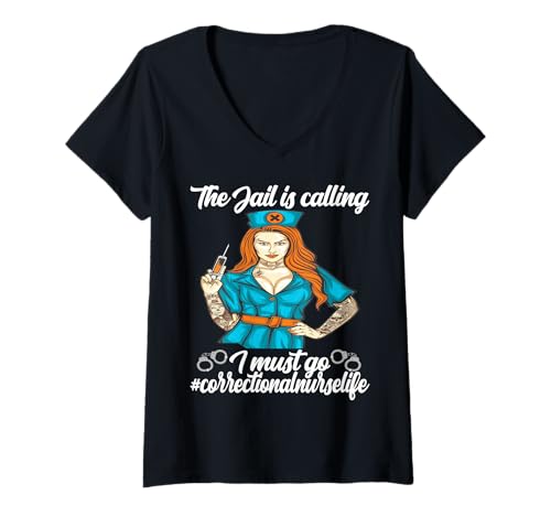 Damen Krankenschwester im Strafvollzug Das Gefängnis ruft T-Shirt mit V-Ausschnitt Damen Krankenschwester im Strafvollzug Das Gefängnis ruft T-Shirt mit V-Ausschnitt von correctional nursing Forensic Nursing
