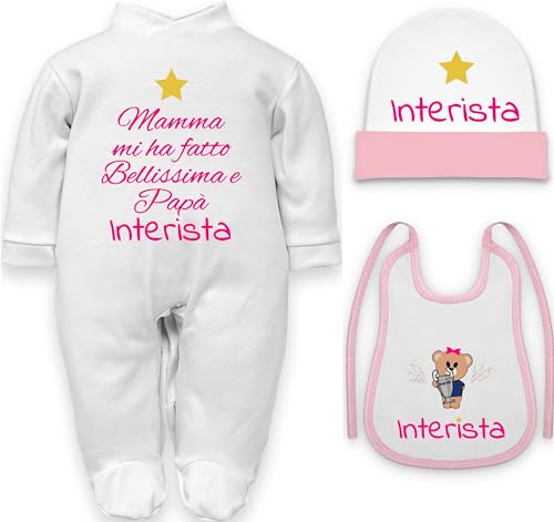 Babybody lustiger Satz Inter Mama machte mich schön und Papa Interista, Baby Interist Set Strampler Hut Lätzchen, 0-3 Monate von corredino neonato