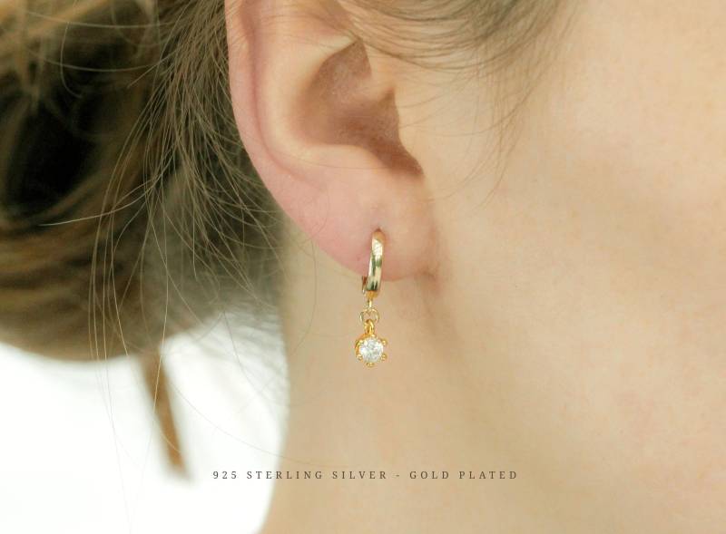 Gold Ohrringe Creole Mit Zirkonia Anhänger, Sterling Silber 925 - Kleine Ohrring Anhänger Silber Hoops Huggie Creolen von correlladesign