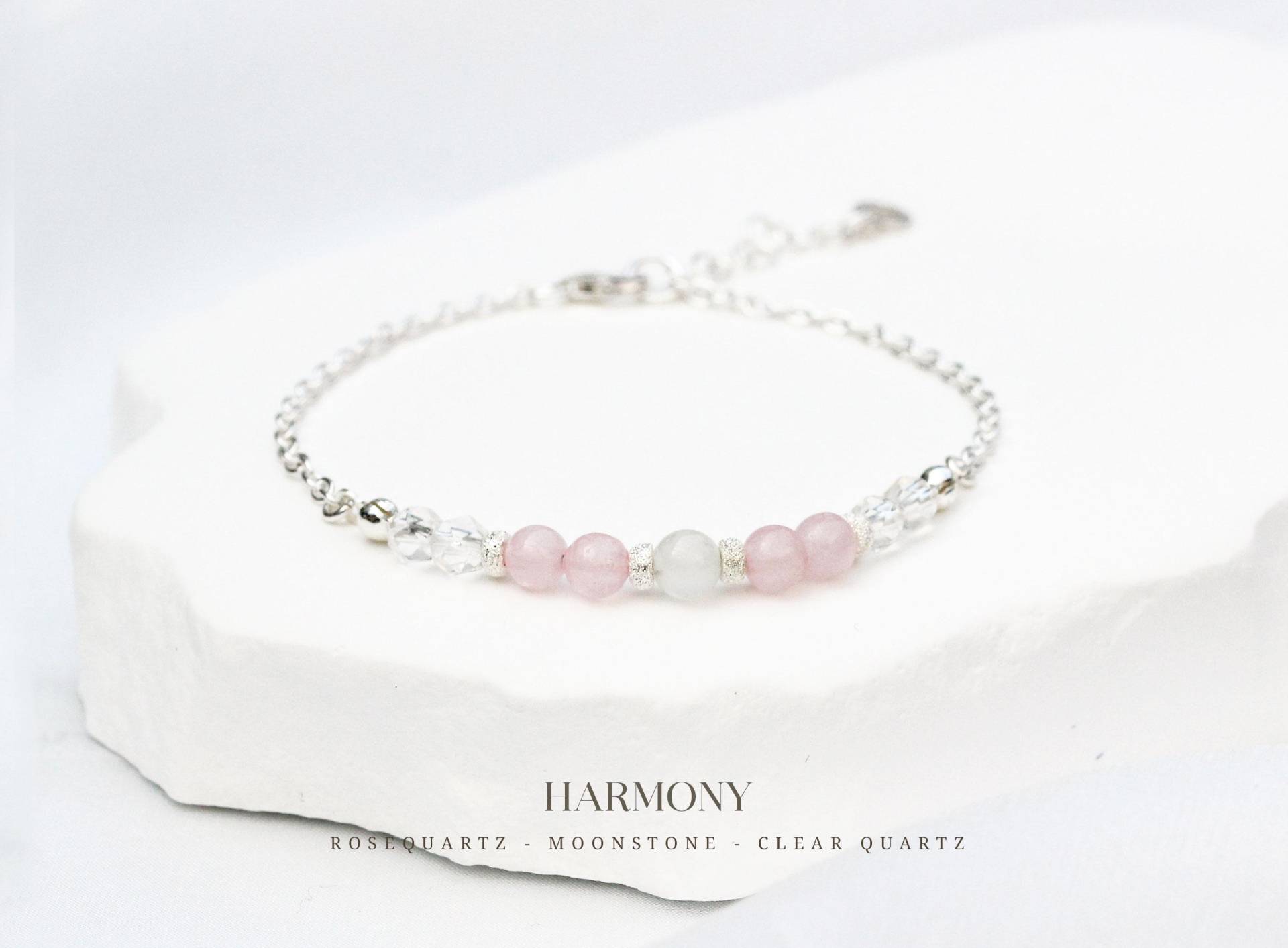 Edelsteinarmband „Harmonie" Bergkristall - Rosenquarz Mondstein, 925 Silber Mit Ankerkette von correlladesign