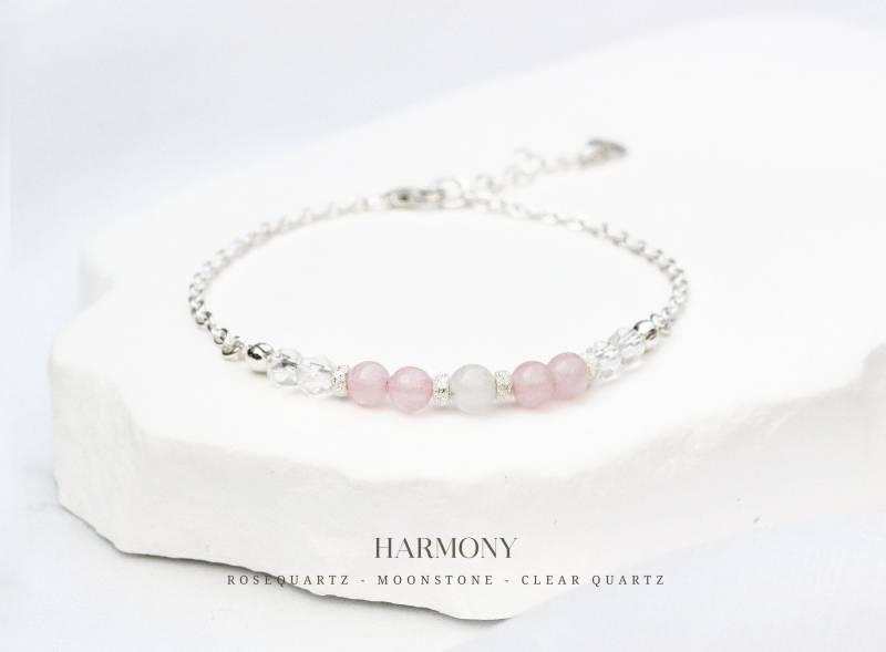 Edelsteinarmband „Harmonie" Bergkristall - Rosenquarz Mondstein, 925 Silber Mit Ankerkette von correlladesign