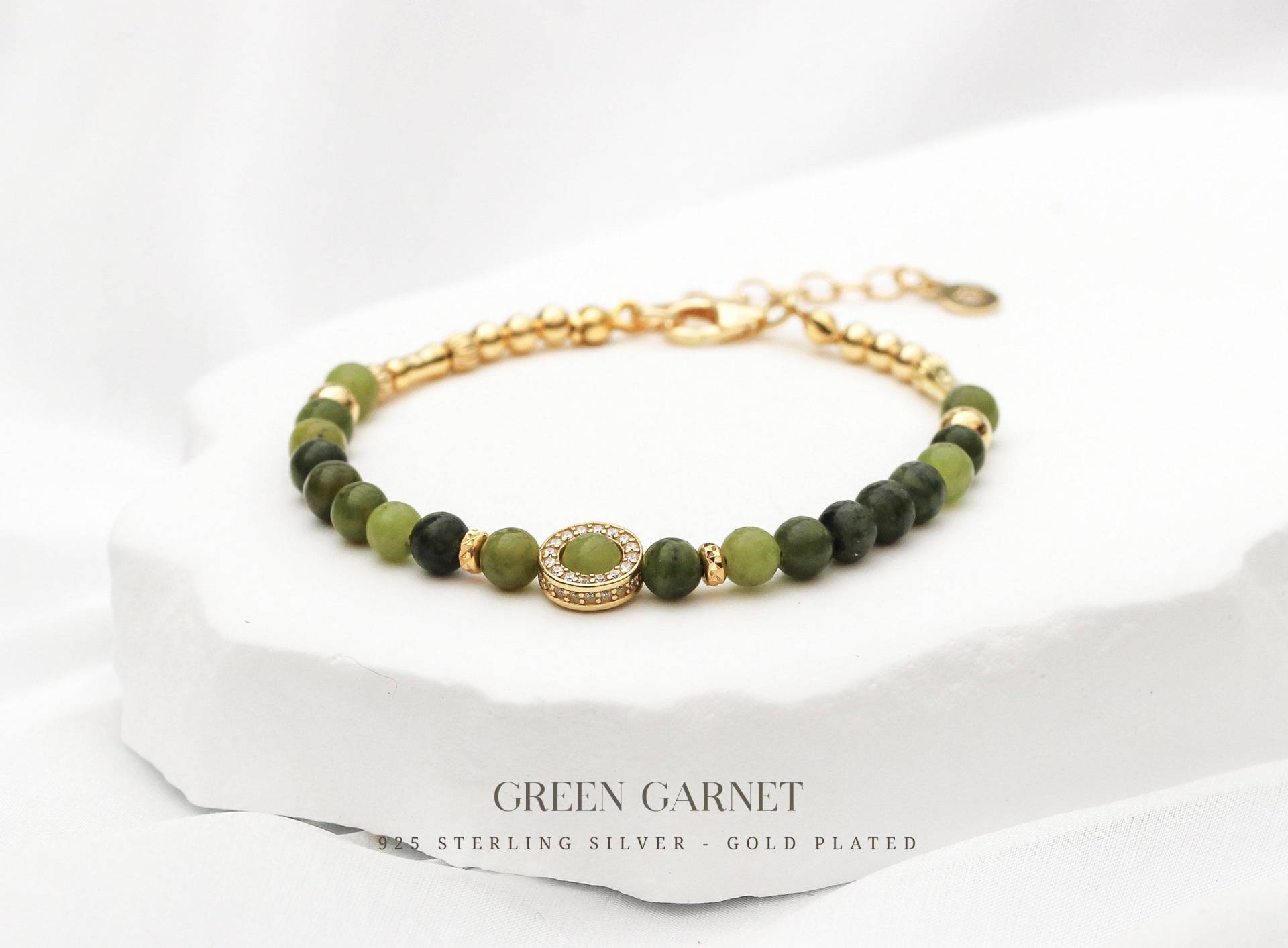 Grünes Granat Armband 4mm Mit Zirkonia Und Vergoldetem 925 Silber, Zarter Edelstein Schmuck Für Damen, Geschenkidee von correlladesign