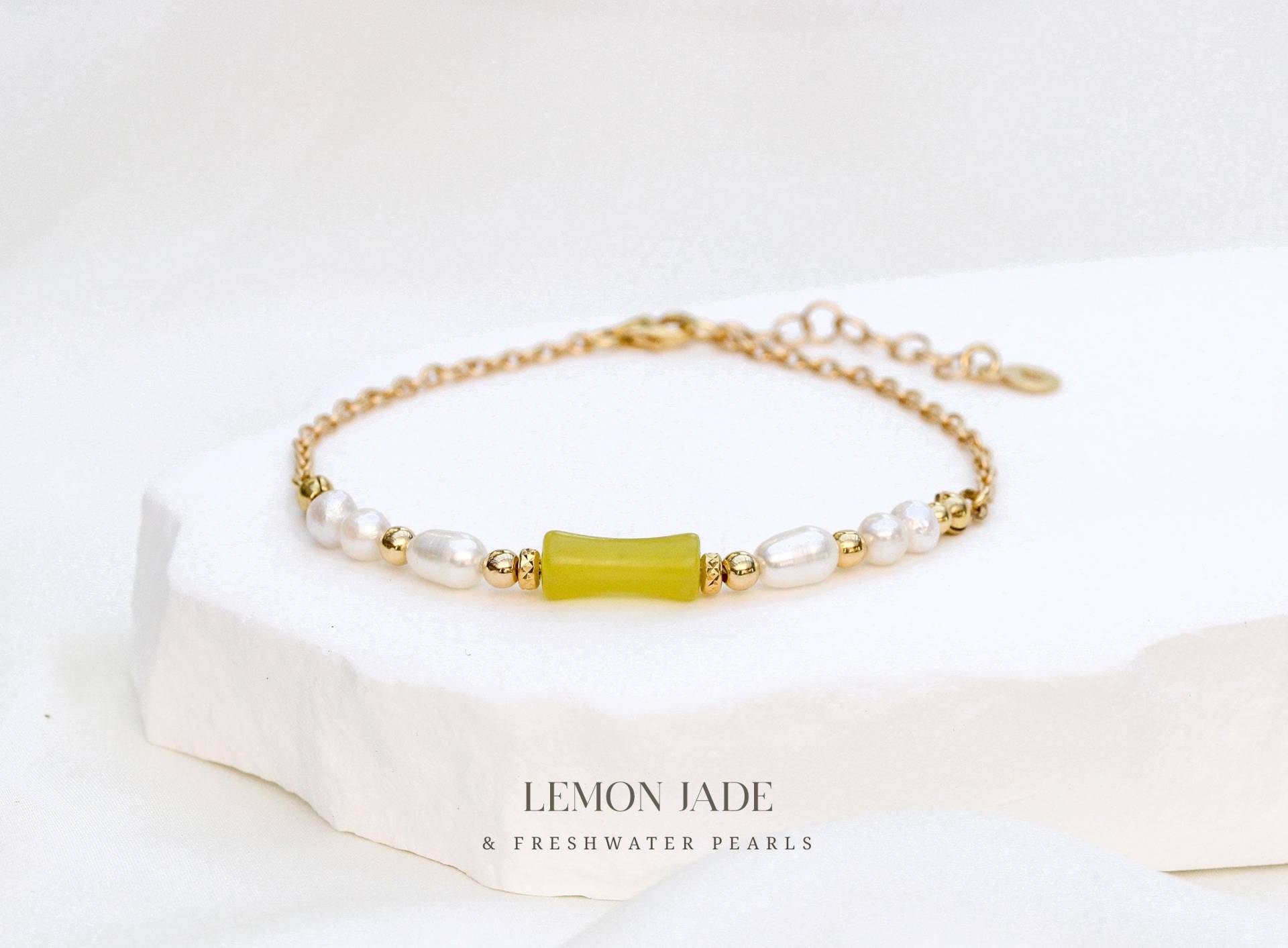 Jade Armband Bambusform Mit Süßwasserperlen - 925 Silber 18K Vergoldet Zirkonia & Goldperlen von correlladesign