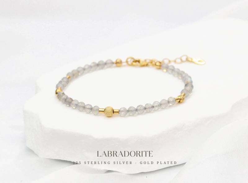 Labradorit Edelstein Armband 925 Silber, 18 Kt Vergoldet, Perlenarmband Echter Halbedelstein von correlladesign