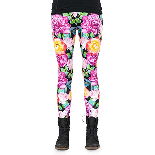 cosey - Bunte Bedruckte Blumen-Leggings (Einheitsgröße) - Design Orange-Pinke Rosen von cosey