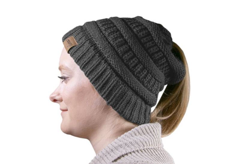 cosey Strickmütze Pferdeschwanz-Mütze mit Zopfloch für Damen und Mädchen (gesprenkelt oder einfarbig) von cosey