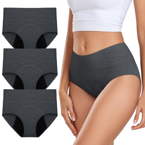 coskefy Periodenunterschwäsche Starke Blutung Perioden Unterhosen Damen Menstruationsunterwäsche Atmungsaktiv Postpartum Slips 3er Pack Grau XL von coskefy