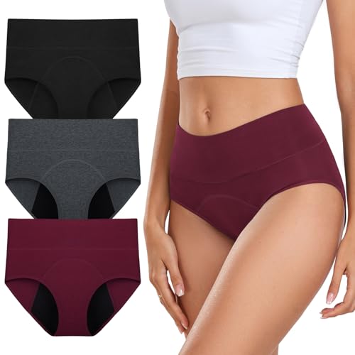 coskefy Periodenunterschwäsche Starke Blutung Perioden Unterhosen Damen Menstruationsunterwäsche Atmungsaktiv Postpartum Slips 3er Pack Schwarz Grau Rot XXL von coskefy