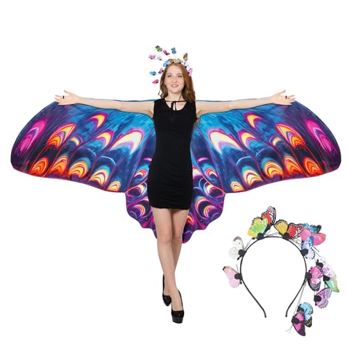 cosmisun Doppelseitiger Druck, Schmetterlingsflügel, Schal, Kostüm und Stirnband, Set für Damen, Halloween, 240 x 111,8 cm, Gelb, Blau, Einstellbar von cosmisun